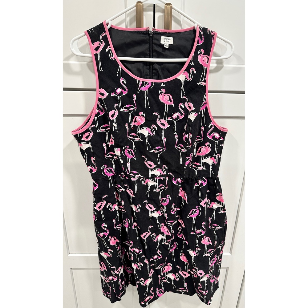 Crown & Ivy Black Flamingo Print‎ Sleeveless Dress Women Size 12 Pink Trim
